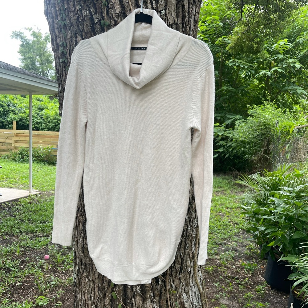 Cream, long turtle neck sweater.